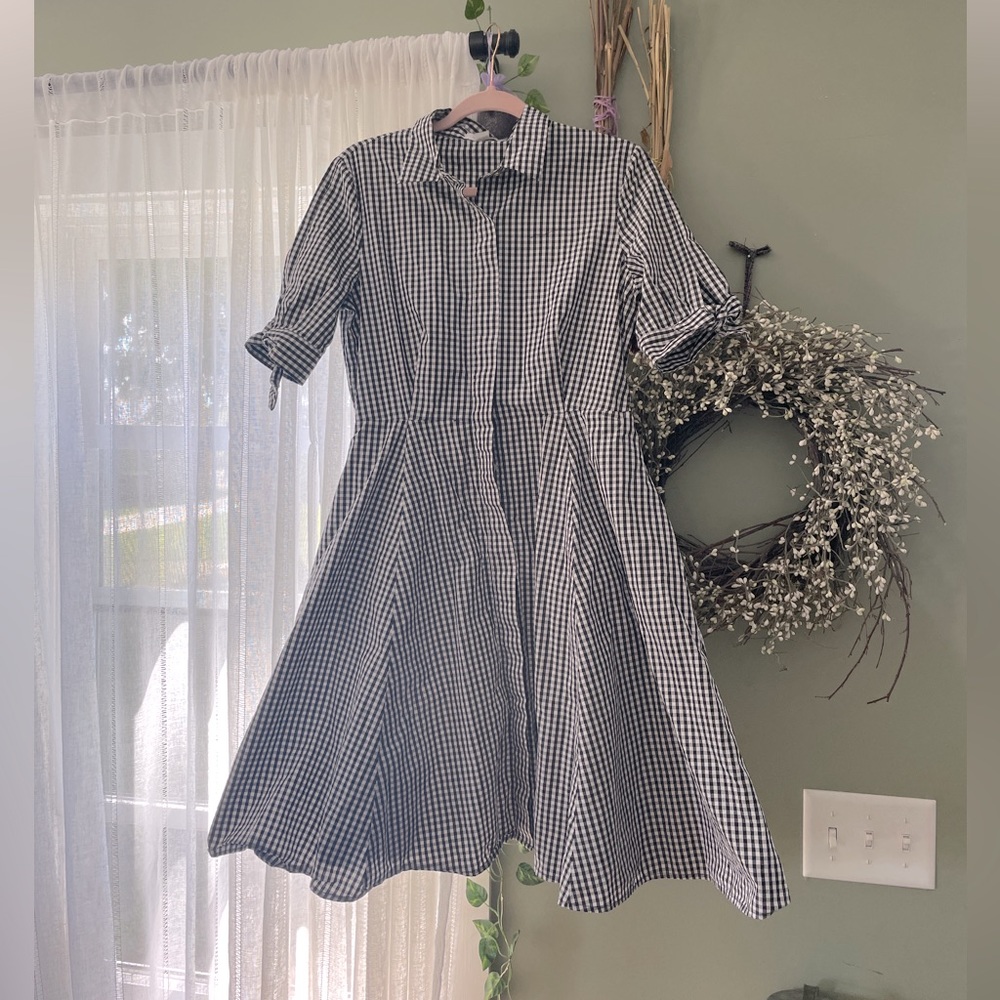 Gingham black and white button up dress